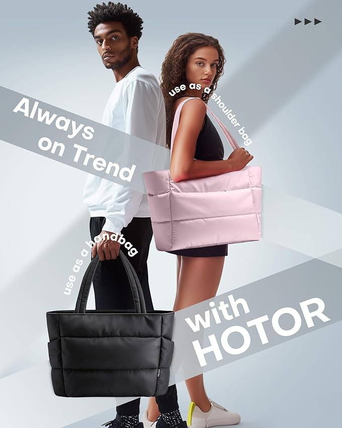 HOTOR Puffer Tote Bag for Women, Nurses - Multi-Pocket Lightweight Bag for Work - Quilted Handbag for Travel and Gym