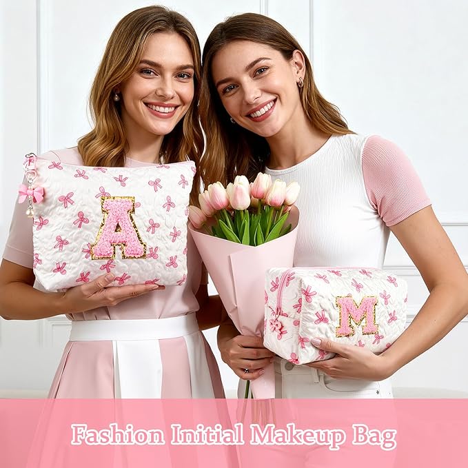 Initial Makeup Bag, Christmas Gifts for Women Teens Girls Birthday Gift Personalized Bow Cosmetic Bag, Quilted Cosmetic Travel Toiletry Pouch, Cute Makeup Organizer Teen Girl Gifts Trendy Stuff, K