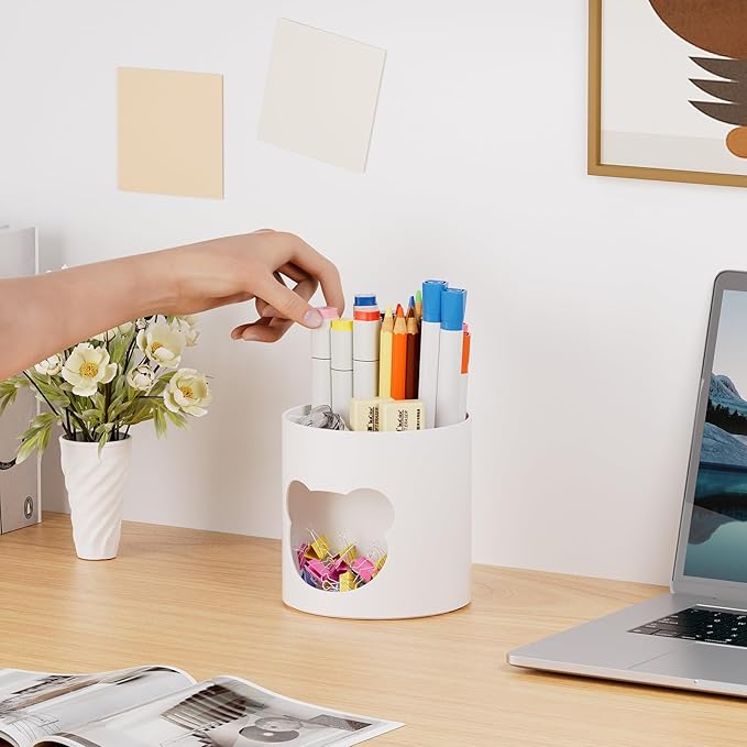 Marbrasse Desk Organizer, Cute Pen Holder for Desk, Pencil Pen Organizer for Classroom Must Haves, Art Supply Storage Box Caddy for Office, Home (White & White Bear Head, one size)