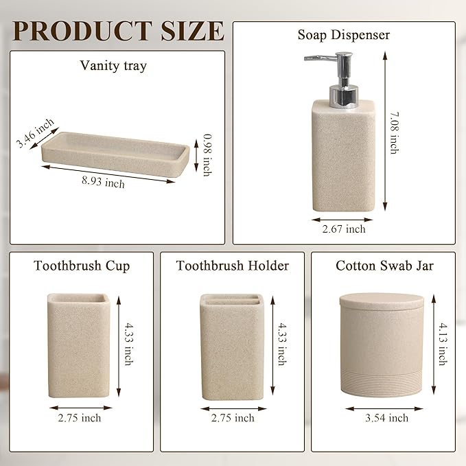 YMXYJM Bathroom Accessories Set, 6 Piece Bathroom Set with Toothbrush Holders, Soap Dispenser, Vanity Tray, Tumbler, Cotton Swab Jars, Bathroom Organizer，Bathroom Sink Sets, Stone Beige