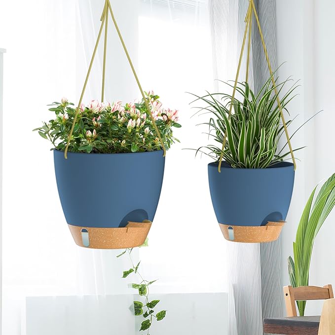 ZMTECH Hanging Planter 8 Inch, 2 Pack Hanging Baskets for Plants Indoor, Hanging Flower Pots with Drainage Hole, Visual Reservoir & Plant Hangers for Outdoor Garden Home Decor