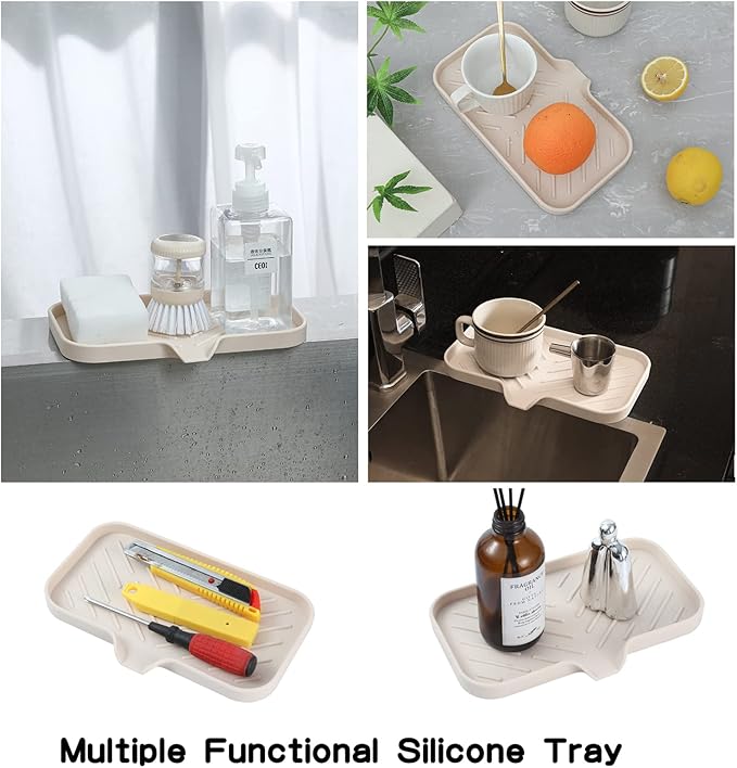Silicone Bathroom Soap Dishes with Drain Spout-Bathroom and Kitchen Sink Organizer,Sponge Holder,Dish Soap Tray,Perfect for Dispenser,Scrubber,Bottle,Cup on Sink or Counter-Tapioca 9.6"×5.3"