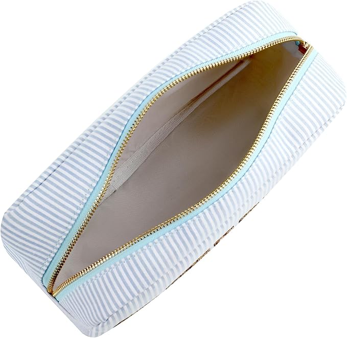 uekeboag Seersucker Chenille Letter Stuff Meds RX Makeup Bag, Travel Washable Purse Organizer with Zipper, Lightweight Toiletry Cute Personalized Preppy Cosmetic Bag For Women and Girls(03Blue Meds)