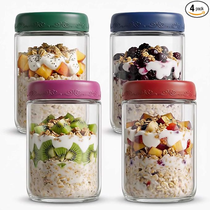 18oz 4Pack Glass Overnight Oats Jars Containers with Airtight Leakproof Lids, Reusable Mason Jars for Meal Prep, Yogurt Parfaits, Smoothies, Salads & Healthy Breakfasts (18 OZ-4-1)