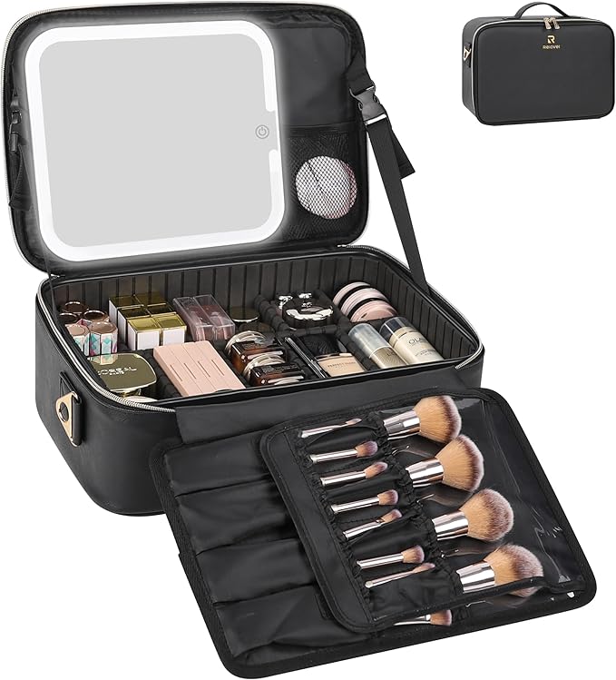 Relavel Makeup Train Case With LED Mirror, Professional Travel Cosmetic Bag with Removable Partitions, Compact Makeup Organizer, Waterproof Toiletry Case for Women, Black