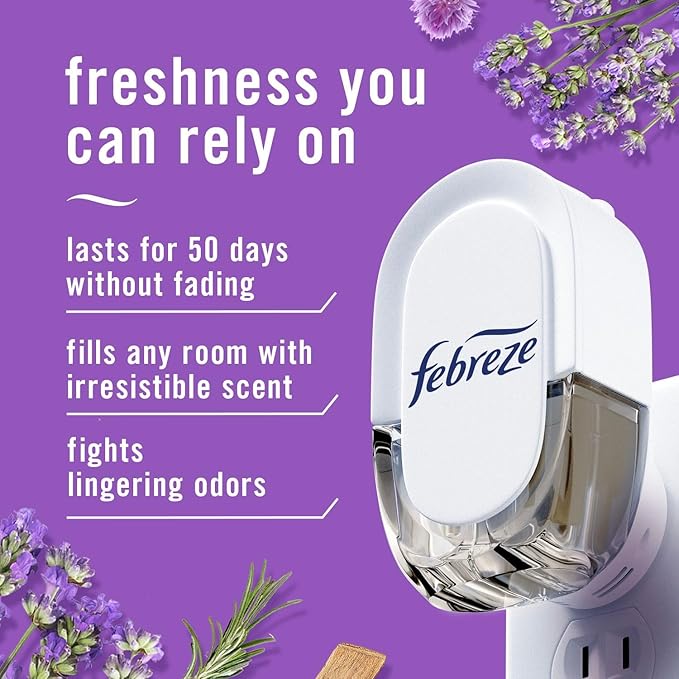 Febreze Plug In Air Freshener, Odor-Fighting Scented Oil Refill, Twlight Lavender and Downy April Fresh Scents, 4 Refills