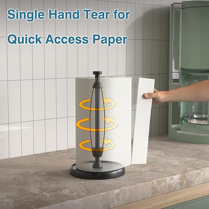 Paper Towel Holder Countertop, One-Handed Tear, Stainless Steel, Weighted Base, Black, Paper Towel Roll Holder Stand with Ratchet Mechanism for Kitchen Bathroom Farmhouse Essentials Decor Accessories