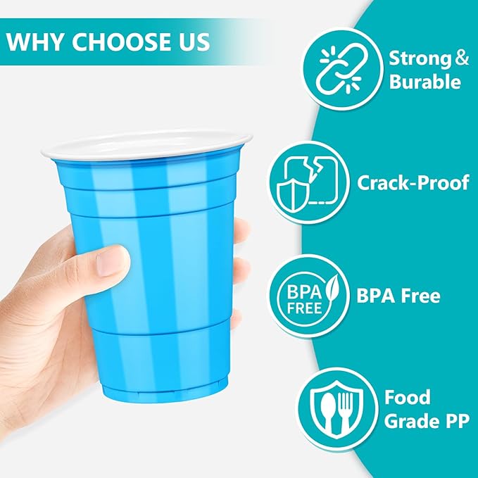 LANLISA 100 Blue Plastic Cups, 16 oz Disposable Cups, Drinking Cups For Party Supplies