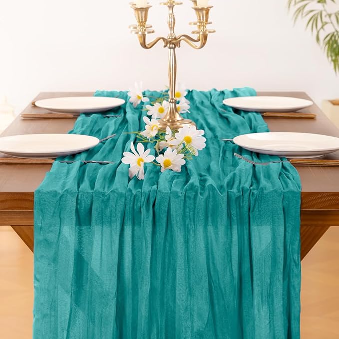 Socomi 10pcs Teal Blue Cheesecloth Table Runner Boho Rustic Gauze 120 inch 10FT Cheese Cloth Sheer Runner for Wedding Party Baby Shower Birthday Home Decor Holiday Decorations