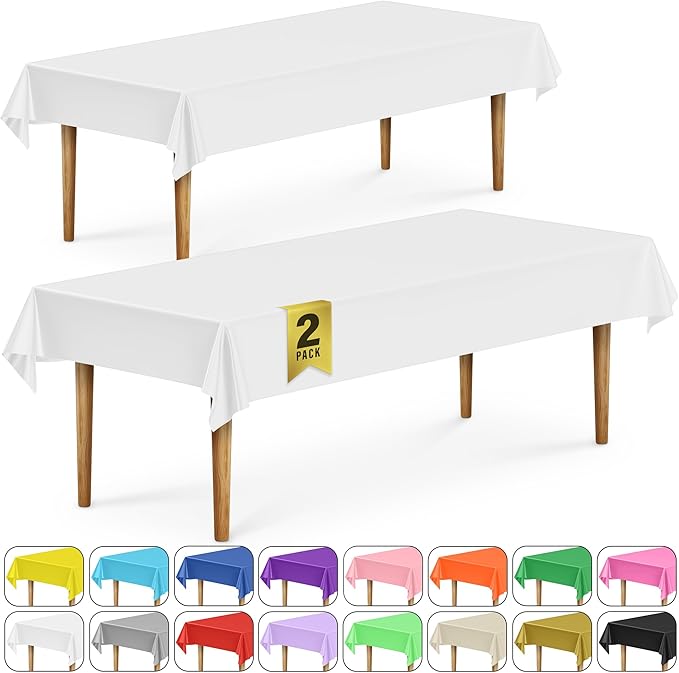 DecorRack 2 Rectangular Tablecloths BPA-Free Plastic, 54 x 108 inch, Dining Table Cloth, Rectangle Table Cover for Parties, Picnic, Camping and Outdoor, Disposable or Reusable, White (2 Pack)