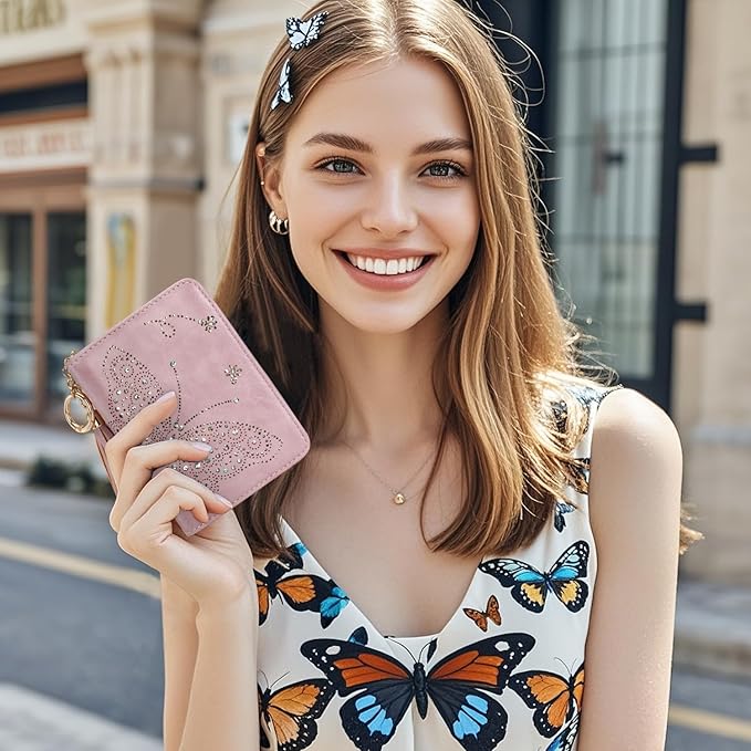 Women RFID Blocking Small Bifold Wallet, Compact Cash Clutch with Zipper Coin Pocket, Glittery Butterfly Design, Credit Card Holder, Travel Purse with Tassel PURPLE