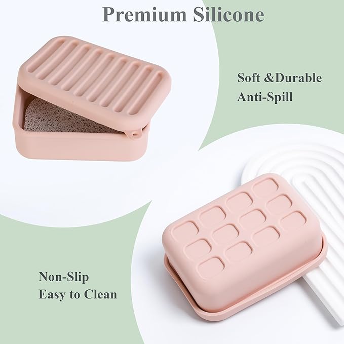 2PC Portable Leakproof Travel Soap Case, Silicone Travel Soap Case, Compact Soap Holder with Drainage Layer, Travel Soap Holder for Camping, Gym, Outdoor (Coral-Red&Deep-Gray)