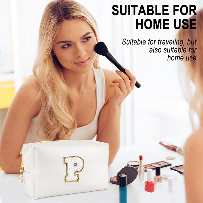 Gifts for Girls Initial Makeup Bag Personalized Cosmetic Bag with Zipper Cute Travel Toiletry Bags Waterproof PU Preppy Makeup Pouch Birthday Gift for Teen Girls Women(White P)