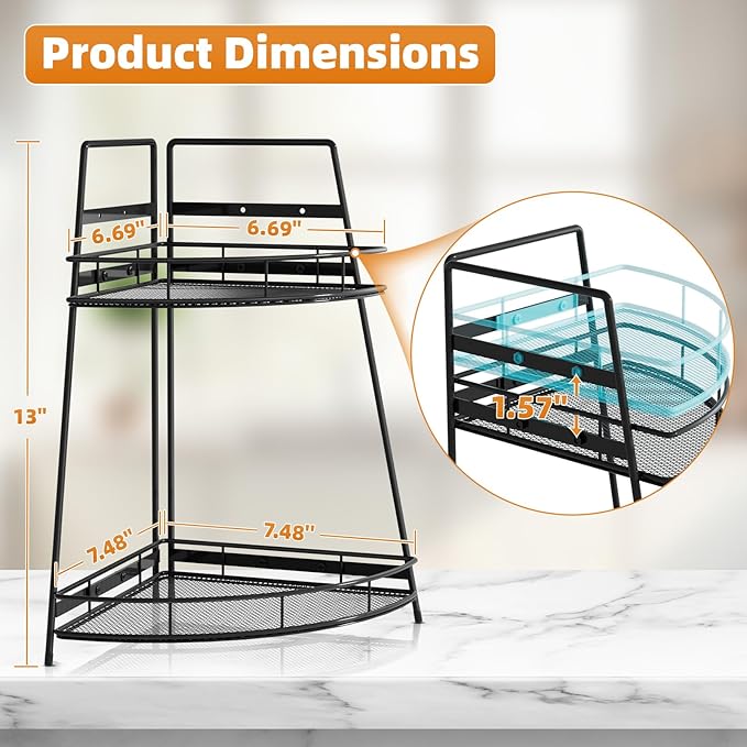 VITVITI 2 Tier Corner Bathroom Counter Organizer, Metal Bathroom Countertop Organizer Shelf Storage, Bath Room Sink Makeup Organizers for Vanity Perfume Skincare with Hooks, Black