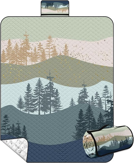 Waterproof Picnic Outdoor Blanket, 79" x 59" Sandproof Foldable Large Picnic Blanket for Beach, Camping, Park, Travel, Concert, Great Gift for Families and Couples (Green Scenery)