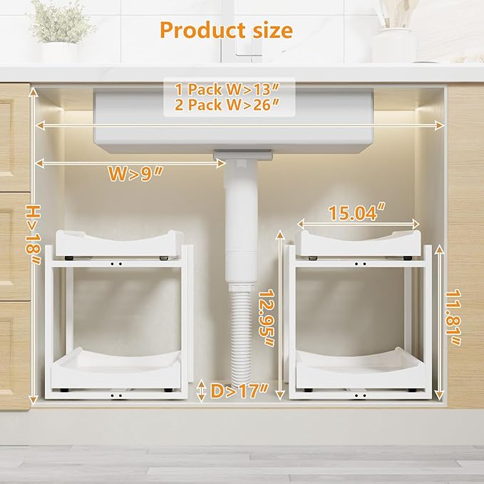 Wisuce Essentials Bamboo Under Sink Organizer Adjustable Height 2 Tier Bathroom Organizer Pull Out Cabinet Storage Kitchen Heavy Duty Wood Slide Out Shelf for Kitchen Bathroom (White, 2 Packs)
