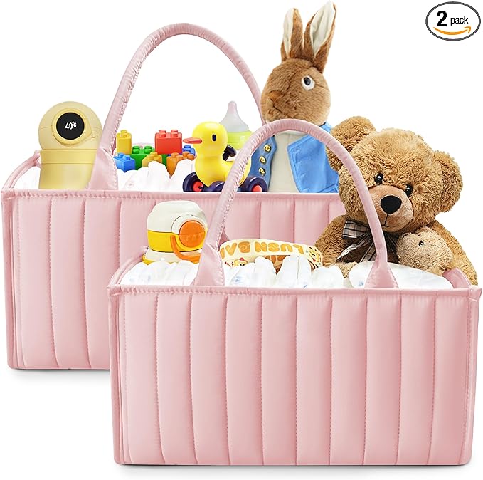 SWEET DOLPHIN 2-Pack Baby Diaper Caddy Organizers, Stylish Storage Baskets for Newborn Essentials, Diaper Station & Car Travel, Value Bundle for Baby Shower Gifts & Registry Must-Haves - Pink
