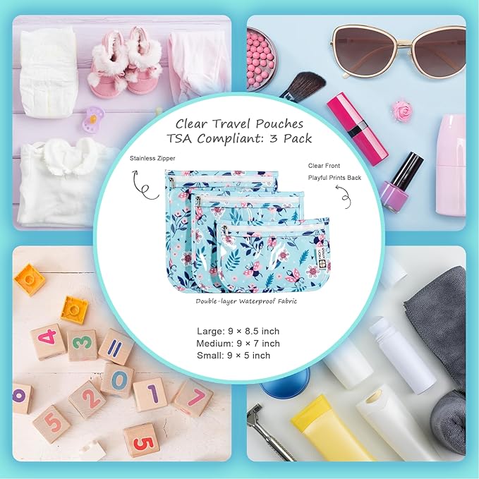 TSA Approved Toiletry Bag, Set of 3 Clear Travel Toiletry Bag Quart Size Zipper Travel Pouch, Waterproof Makeup Cosmetic Bag for Women Men Kids Toiletries Carry on, Floral World