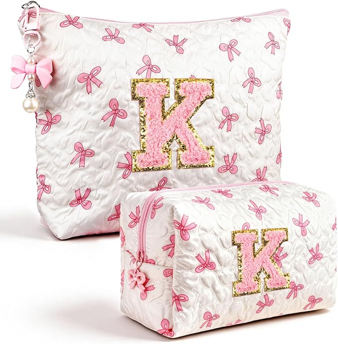 Initial Makeup Bag, Christmas Gifts for Women Teens Girls Birthday Gift Personalized Bow Cosmetic Bag, Quilted Cosmetic Travel Toiletry Pouch, Cute Makeup Organizer Teen Girl Gifts Trendy Stuff, K