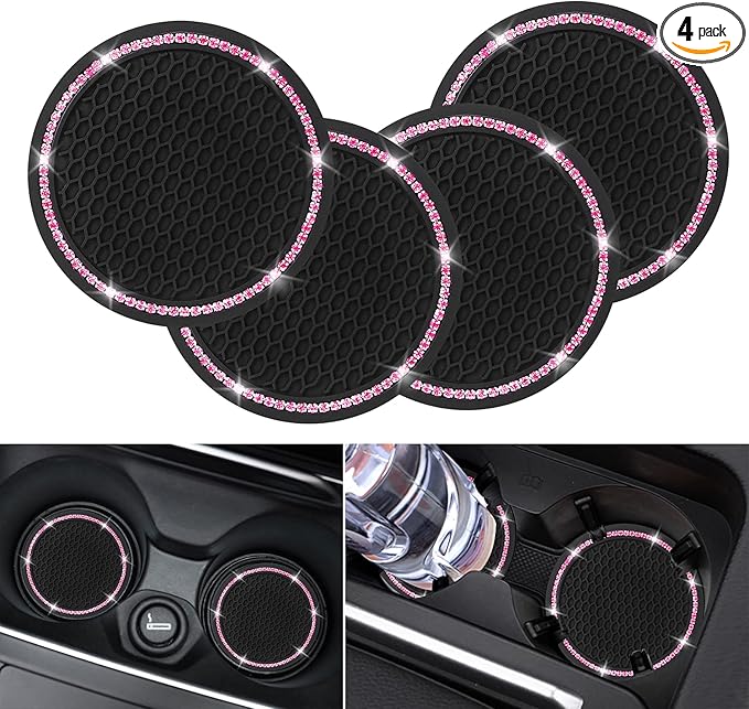 4 Pack Car Coasters, Universal Vehicle Bling Car Coaster, Cute Rhinestone Coaster for Cup Holders,Interior Accessories 2.75'' Silicone Anti Slip Car Coasters for Women (Pink Crystal Circle)