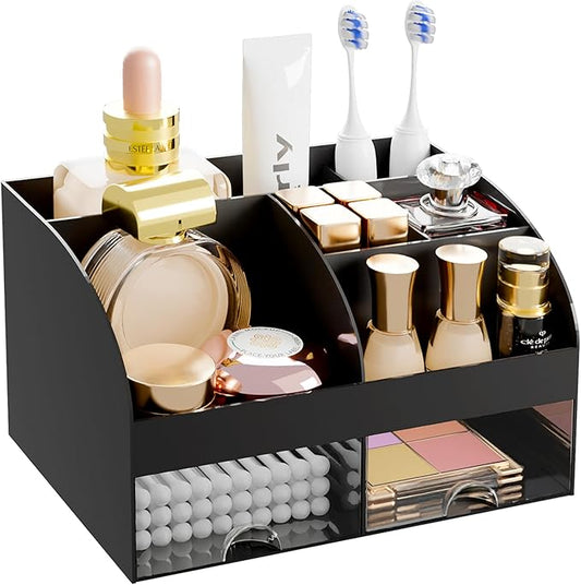 Makeup Organizer with 2 Drawers, Cosmetic Storage for Dresser Vanity and Bathroom Countertop, Makeup Organization and Skincare Storage with Beauty Brush Holder, Cosmetic Display Case (Black)