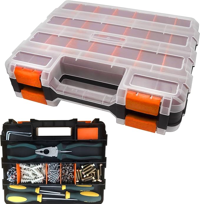 Tools Organizer Box Small Parts Storage Box 50-Compartment Double Side Hardware Organizers with Removable Plastic Dividers for Screws, Nuts, Nails, Bolts, Orange