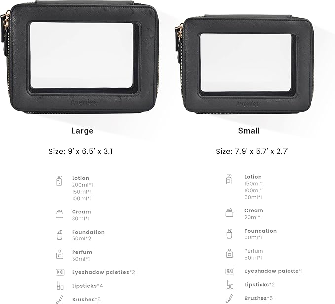 Aveniee Clear Makeup Bag Set, Portable Travel Toiletry Bag Cosmetic Case for Women, Vegan Leather Makeup Pouch Organizer, Car Bag for Essentials, 2pcs (Middle & Large), Black