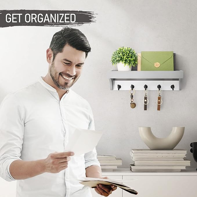 Rebee Vision Key Holder with Mail Organizer Wall Mount - Decorative Home Essentials for Key Rack with 5 Rustic Keys Hooks - Modern House Decor for Entryway (Gray & White)