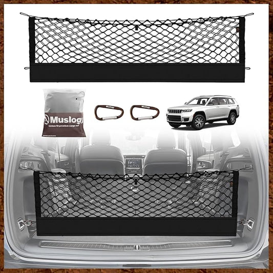 Muslogy Envelope Style Trunk Cargo Net Compatible with 2021-2024 2025 Jeep Grand Cherokee L Accessories Custom Fit Trunk Organizer Upgraded Storage Luggage Net with Metal Hooks (3-Row GCL)