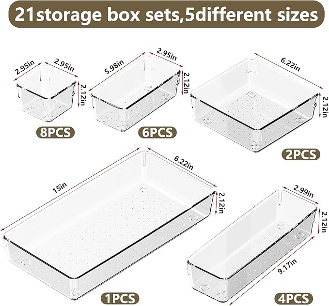 21 PCS Clear Plastic Drawer Organizer Set, 5 Sizes Acrylic Drawer Storage Trays Non Slip Storage Bins for Makeup, Jewelry, Gadgets for Kitchen, Bedroom, Bathroom, Office