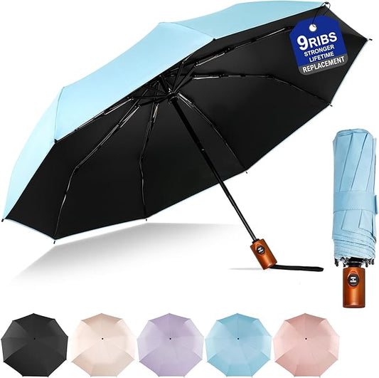 SoulRain Strong Windproof Travel Umbrella with Wooden Handle, Automatic Open Close Compact Folding for Rain & Sun UV Protection, Lightweight Durable Portable for Car, Backpack, Women & Men