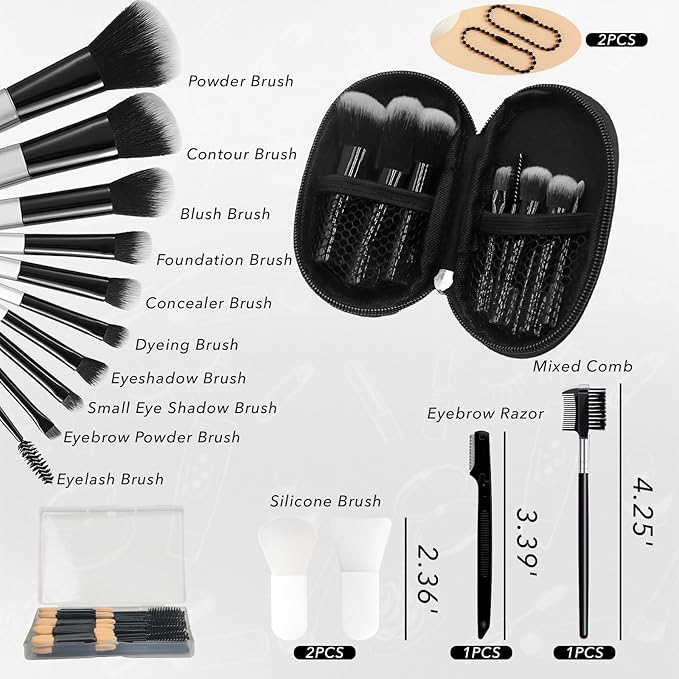 Travel Makeup Brush Set, 77Pcs Mini Makeup Kit Synthetic Foundation Concealers Eye Shadows Brushes Powder Puff with Eyelash Curler Eyebrow Razor Comb Mirror Hair Clips Cosmetic Bag (Black)