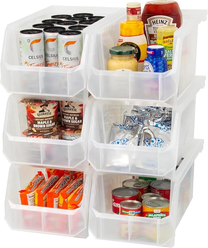 ReadySpace Plastic Containers for Organizing and Storage Bins for Closet, Kitchen, Office, Garage or Pantry Organization, Stackable Bins, Large (14.8" x 8" x 7"), 6-Pack, Clear