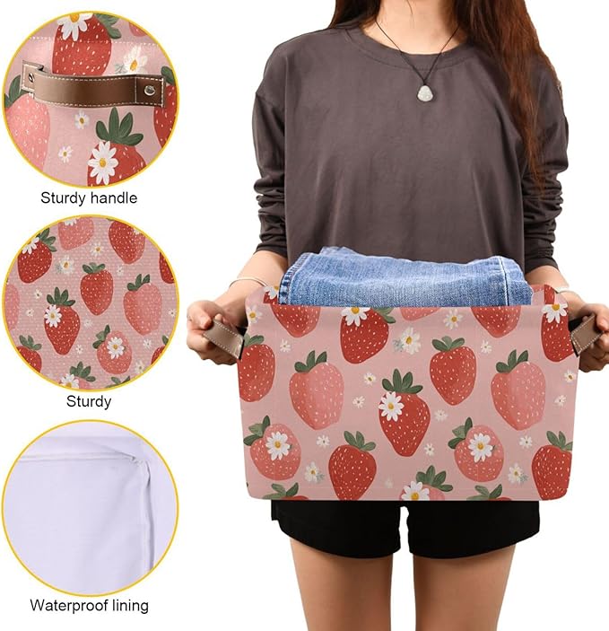 Aslsiy Storage Basket - Fresh Strawberry Pink Nursery Bins Baby Box Canvas Clothes Shelf Laundry Hamper Gift Basket for Home Closet - 1 Pcs