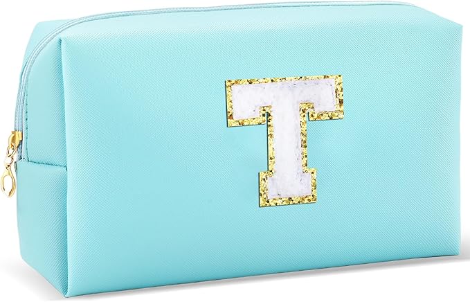 Gifts for Girls Initial Makeup Bag Personalized Cosmetic Bag with Zipper Cute Travel Toiletry Bag Waterproof PU Preppy Makeup Pouch Birthday Gift for Teen Girls Women(Blue T)