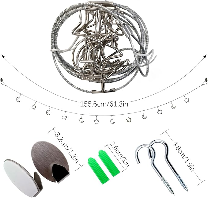 2 Pack Chain Photo Clip Hanging Photo Display Wall Photo Display Metal Photo String with 12 Clips Wall-Mounted Picture Holder for Hanging Painting Family Photos Artworks (Silver-Star and Moon)