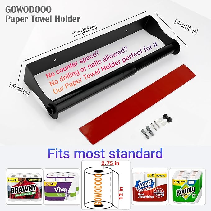 Wooden Under Cabinet Paper Towel Holder,Stainless Steel Under Counter Paper Towel Holder Wall Mount,Self Adhesive Kitchen Roll Rack for Kitchen Bathroom Garage RVs(Black)