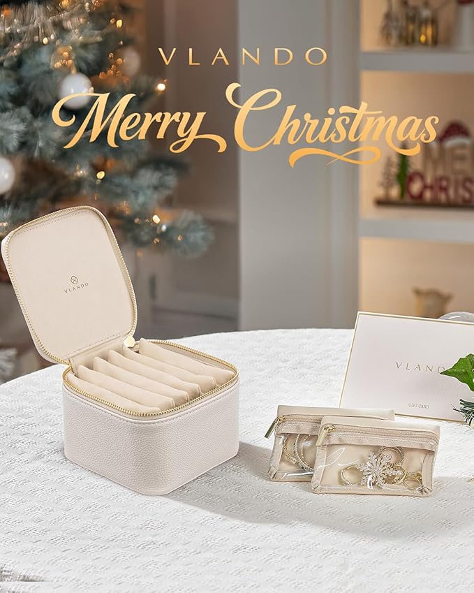 Vlando Travel Jewelry Case,Small Jewelry Box Organizer,Travel Jewelry Storage with 6 Velvet Jewelry Zipper Pockets, Birthday Gifts for Women Girls (White)