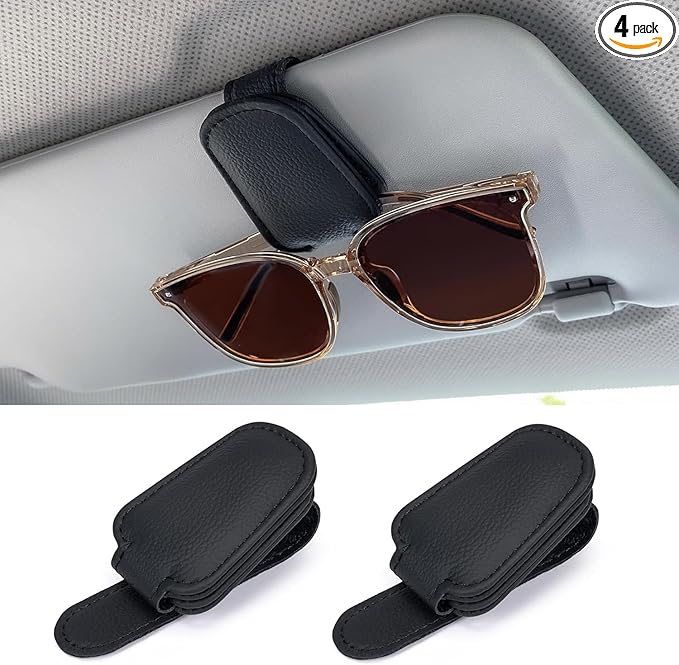 Shering Sunglasses Holders for Car Sun Visor, Magnetic Leather Glasses Eyeglass Hanger Clip for Car, Visor Sunglasses Holder Clip Car Accessories for Truck (4, Black)