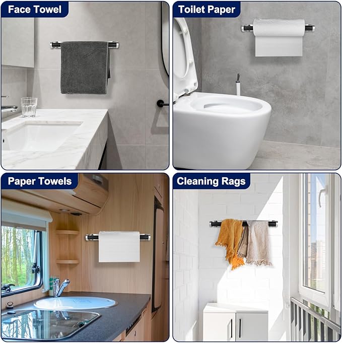 Paper Towel Holder Wall Mount Adhesive Paper Towel Holder Under Cabinet Toilet Roll Hanging Holders Rack for Kitchen Bathroom Garage Counter, Anti-Drop Upgraded Telescopic Rod Design Roll, Silver
