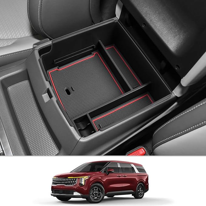 CDEFG Compatible with 2025 Kia Carnival Center Console Organizer Tray 2022-2025 Kia Carnival LX LXS EX SX SX Prestige Accessories Middle Console Organizer 2025 Carnival Armrest Storage Box(Red)