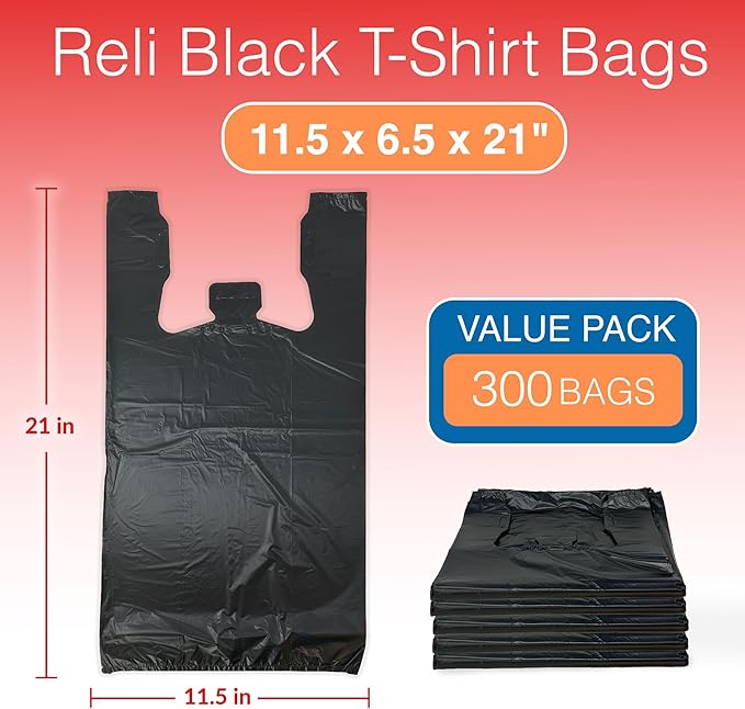 Reli. T-shirt Bags (300 Count) (Black) (11.5" x 6.5" x 21") - Black Plastic Bags (Plain) - Grocery, Shopping, Restaurants