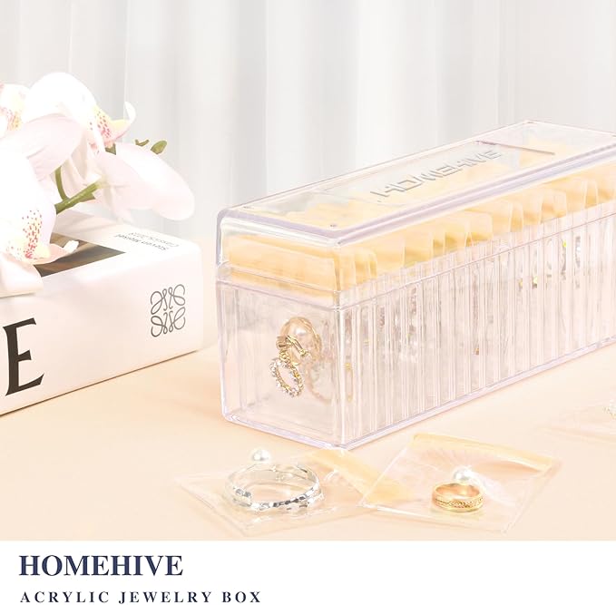 Acrylic Jewelry Box Organizer, Clear Jewelry Organizer Holder with 20 Portable Anti Tarnish Jewelry bags, Travel Jewelry Case for Earrings/Rings/Necklaces for Women Girls, Yellow