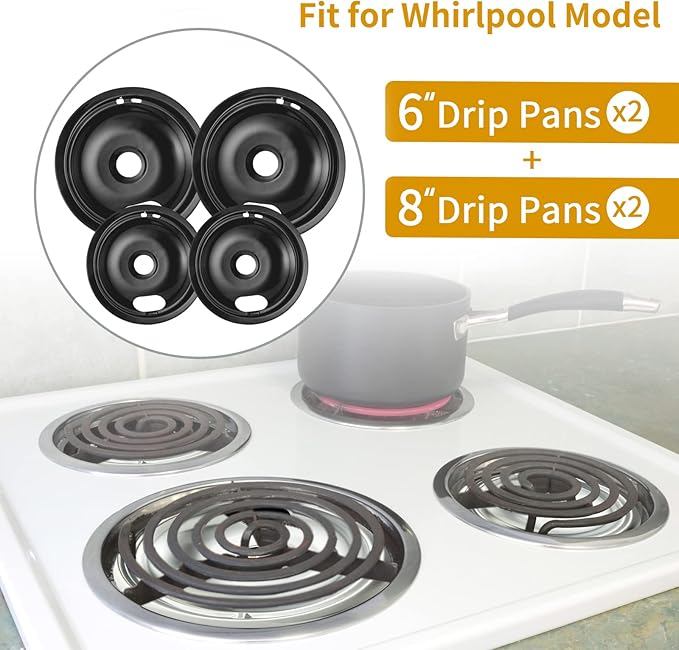 4 Pack Black Drip Pans, Compatible with Whirpool Kenmore Frigirate Stove Top Drip Bowls. Include 2 Pcs 6'' Range Replacement Drip Pans and 2 Pcs 8 '' Cooktop Drip Pans