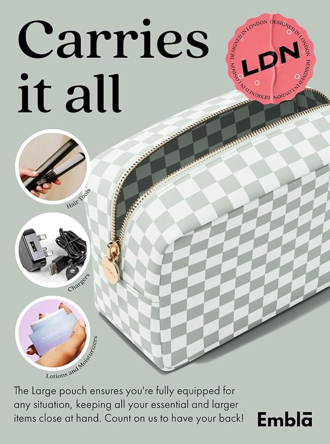 Embla Makeup Bag Travel Cosmetics Pouch and Toiletry Bag, Nylon Zipper Pouch Purse, Cute Make Up Organizer Storage Tote for Women Girls, Travel Skincare Case, Large Makeup Case, Mint Green Checkered