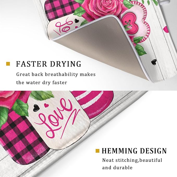 Valentine's Day Rose Flower Dish Drying Mat for Kitchen Counter,Mason Jar Pink Love Heart Drying Mat 18 x 24 Inch with High Absorbent Microfiber Drainer Mat for Coffee Bar