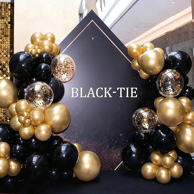 MEBAY Black Gold Silver Balloon Garland Arch Kit, 166Pcs 5 10 12 18 inch Latex Balloons with Gold Confetti for 2025 New Year Graduation Wedding Birthday Party Decoration