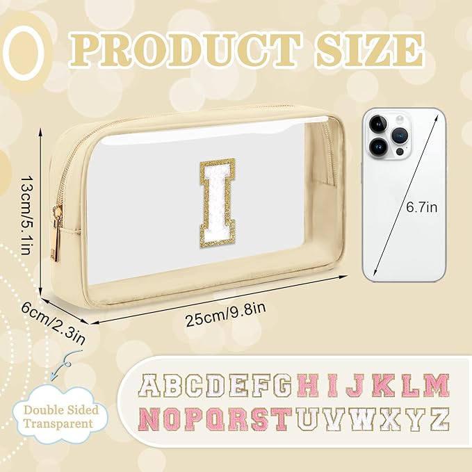 Small Clear Personalized Initial Makeup Bag,Nylon Preppy A-Z Chenille Letter Patch Cosmetic Pouch Beach Toiletry Bag,Waterproof Zipper Travel Purse Storage Bag Organizer for Women Girls(Beige-White I)