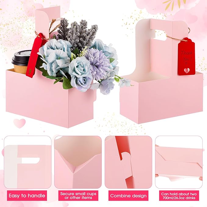 MotiMind 100 Pack Mother's Day 2 Cup Drink Carrier with Handle, Kraft Paperboard Teacher Cup Holder Portable for Hot Cold Drinks, Coffee Carrier Gift with Heart Card Rope (Pink)