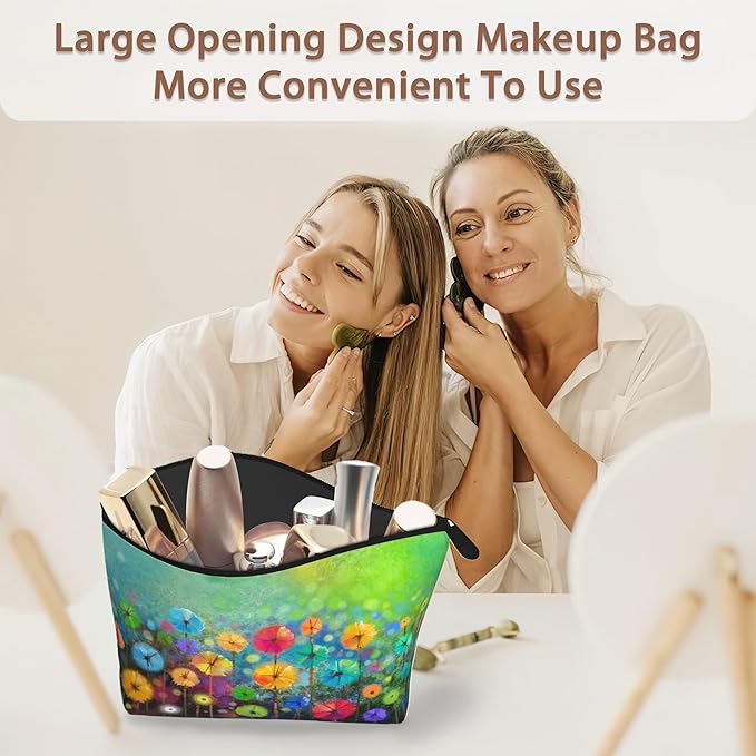 Watercolor Floral Makeup Bag Travel Cosmetic Bag for Women,Yellow Green Abstract Small Make up Pouch Travel Bags for Toiletries Aesthetic Accessories Waterproof Gifts